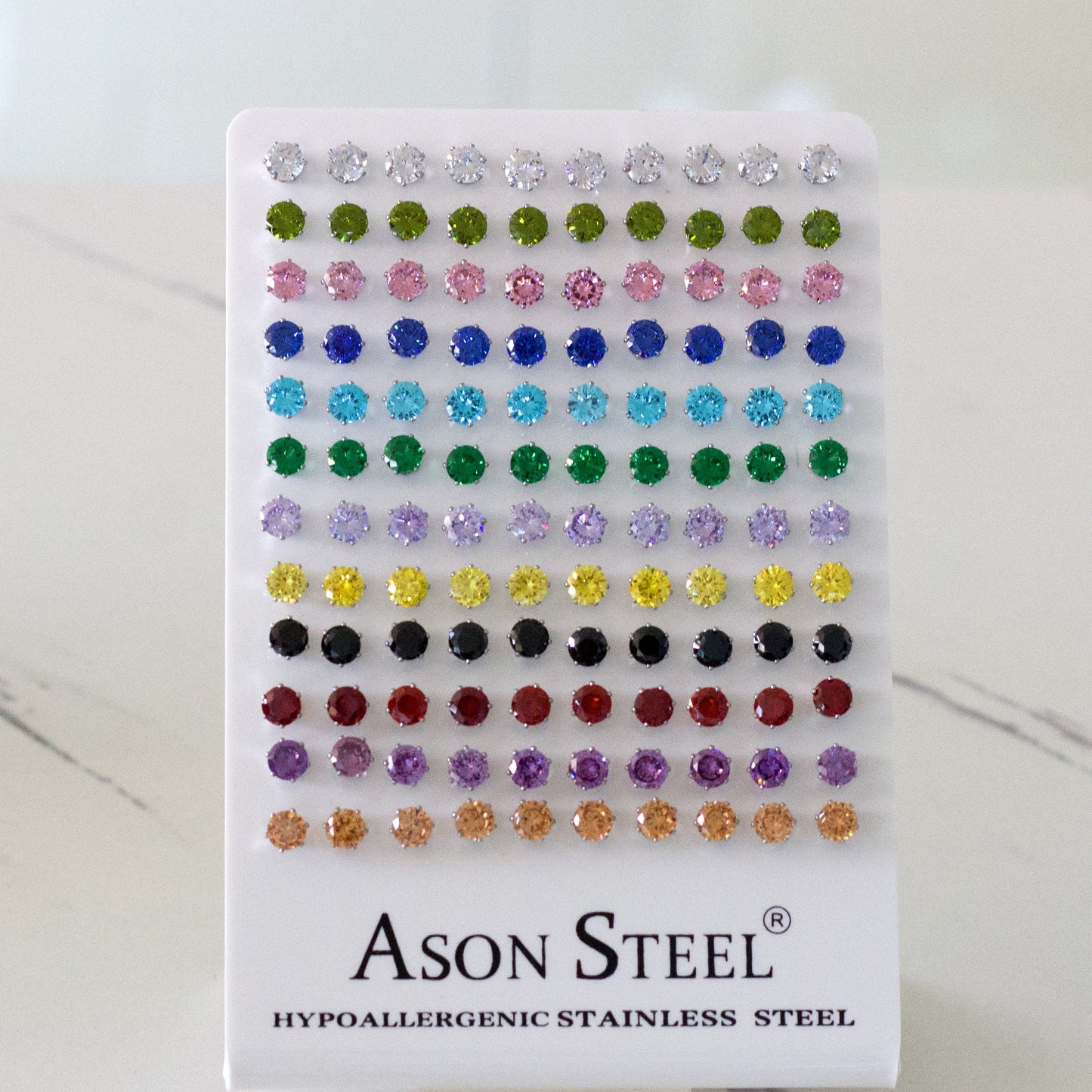 6mm Card Holder Steel/Gold Six Claw Round Mixed Diamond Stud Earrings asonjewelry