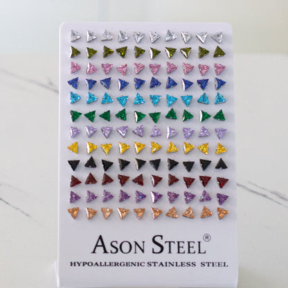 6mm Snapback Steel/Gold Triangle Mixed Diamond Stud Earrings asonjewelry