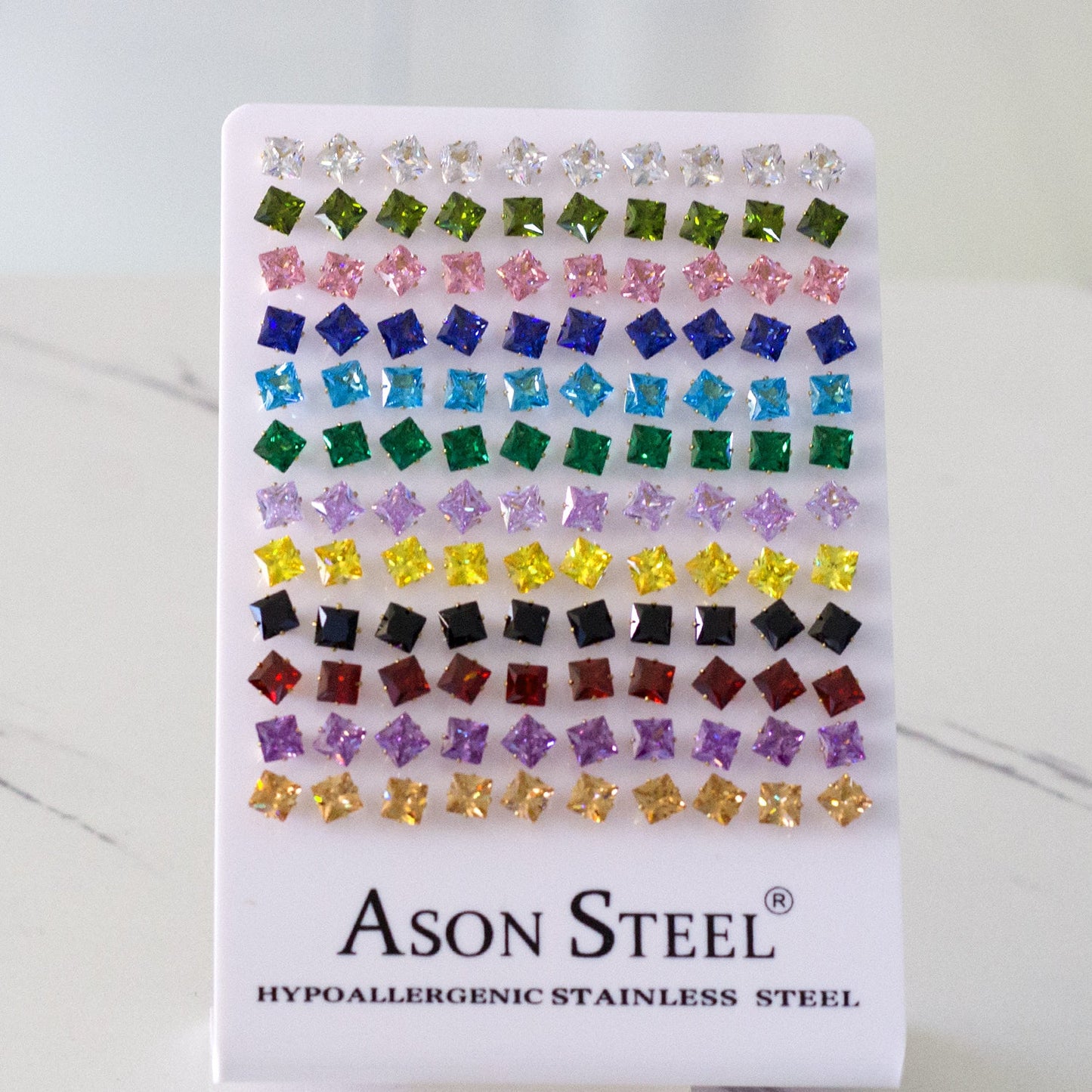 6mm Snapback Steel/Gold Square Mixed Diamond Stud Earrings asonjewelry