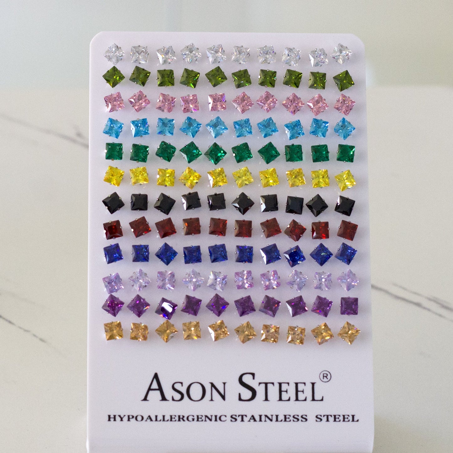 6mm Snapback Steel/Gold Square Mixed Diamond Stud Earrings asonjewelry