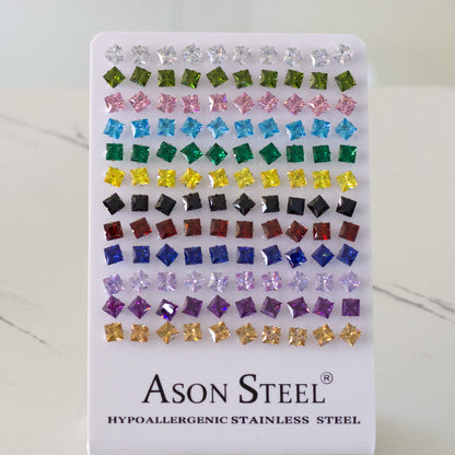 6mm Snapback Steel/Gold Square Mixed Diamond Stud Earrings asonjewelry