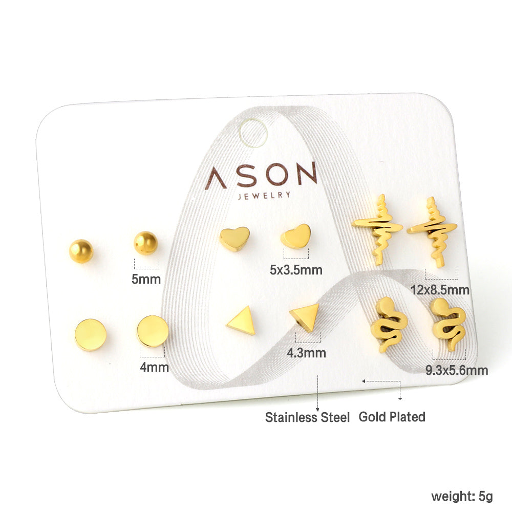 Six pairs of mixed card mounted cut-out current / triangle glossy stud earrings gold color asonjewelry