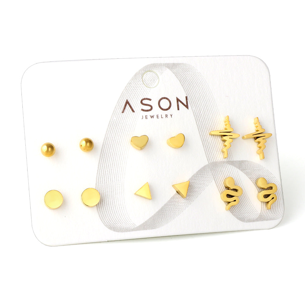 Six pairs of mixed card mounted cut-out current / triangle glossy stud earrings gold color asonjewelry