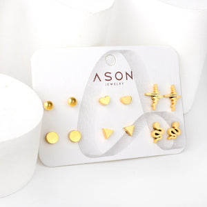 Six pairs of mixed card mounted cut-out current / triangle glossy stud earrings gold color