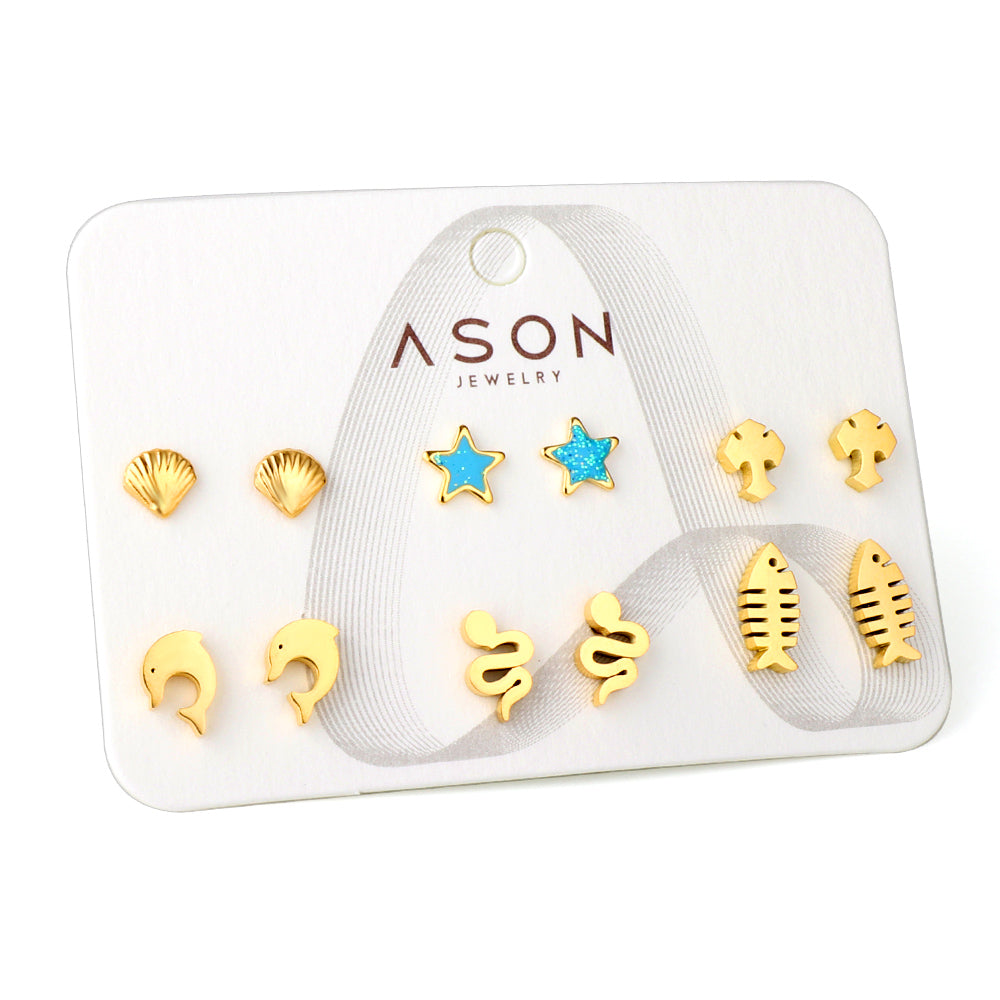 Six pairs Mixed Cut Shell / Fishbone / Starfish stud earrings gold color asonjewelry