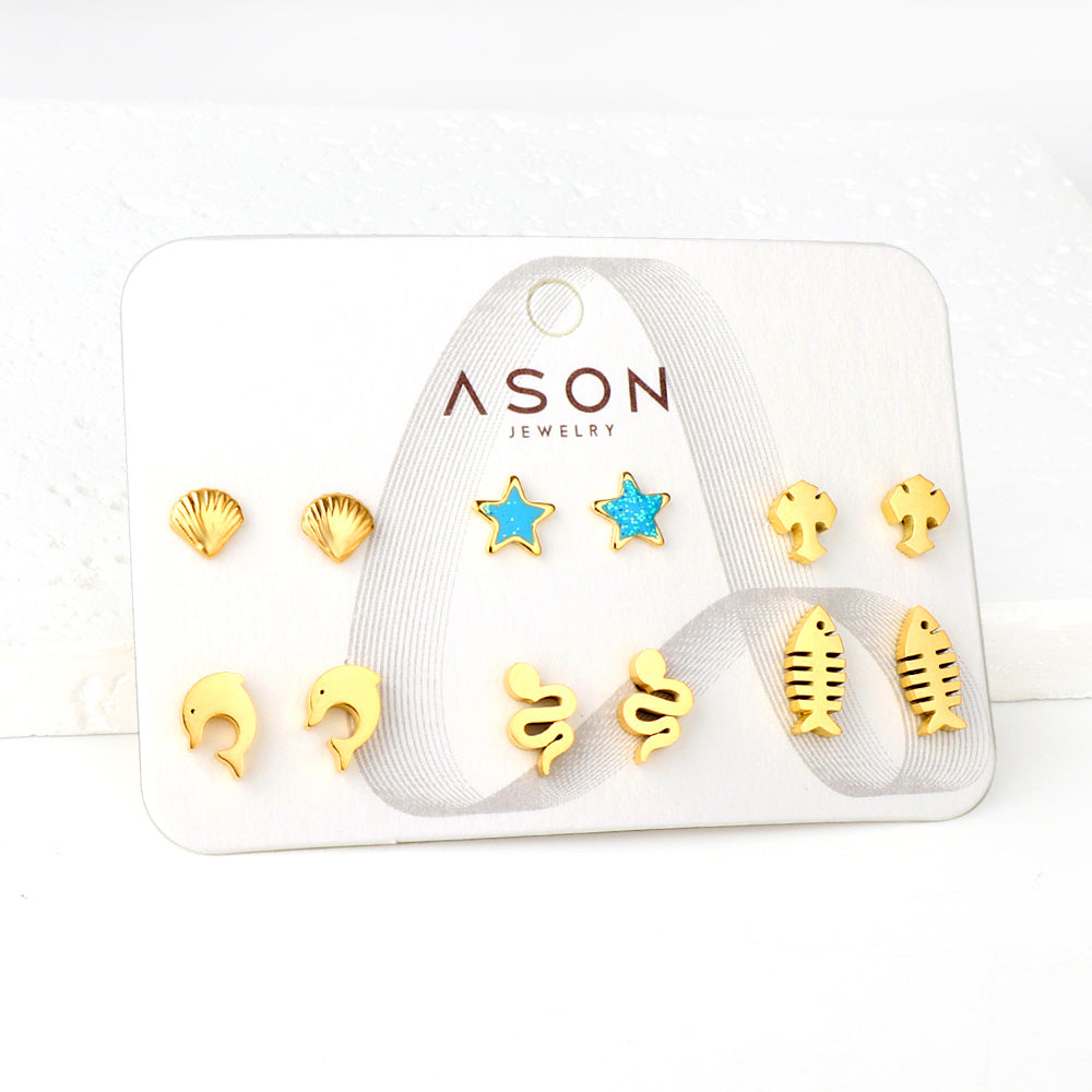 Six pairs Mixed Cut Shell / Fishbone / Starfish stud earrings gold color asonjewelry