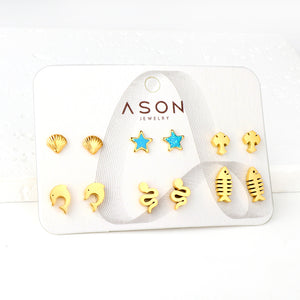 Six pairs Mixed Cut Shell / Fishbone / Starfish stud earrings gold color