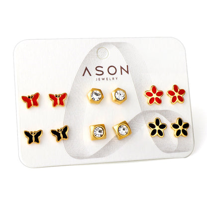 Six pairs mixed mounted snap cut butterfly / flower / diamond square stud earrings gold color asonjewelry