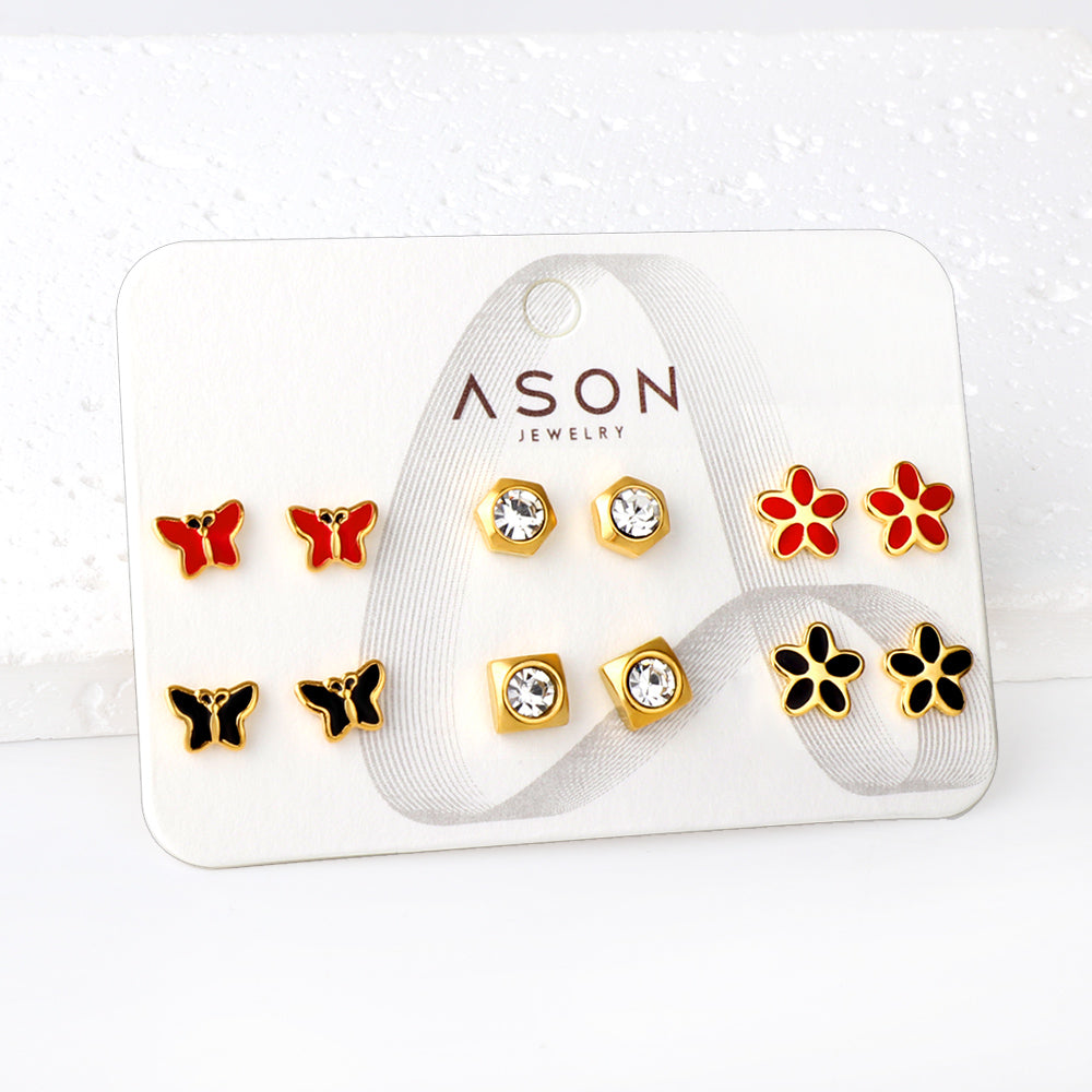 Six pairs mixed mounted snap cut butterfly / flower / diamond square stud earrings gold color asonjewelry