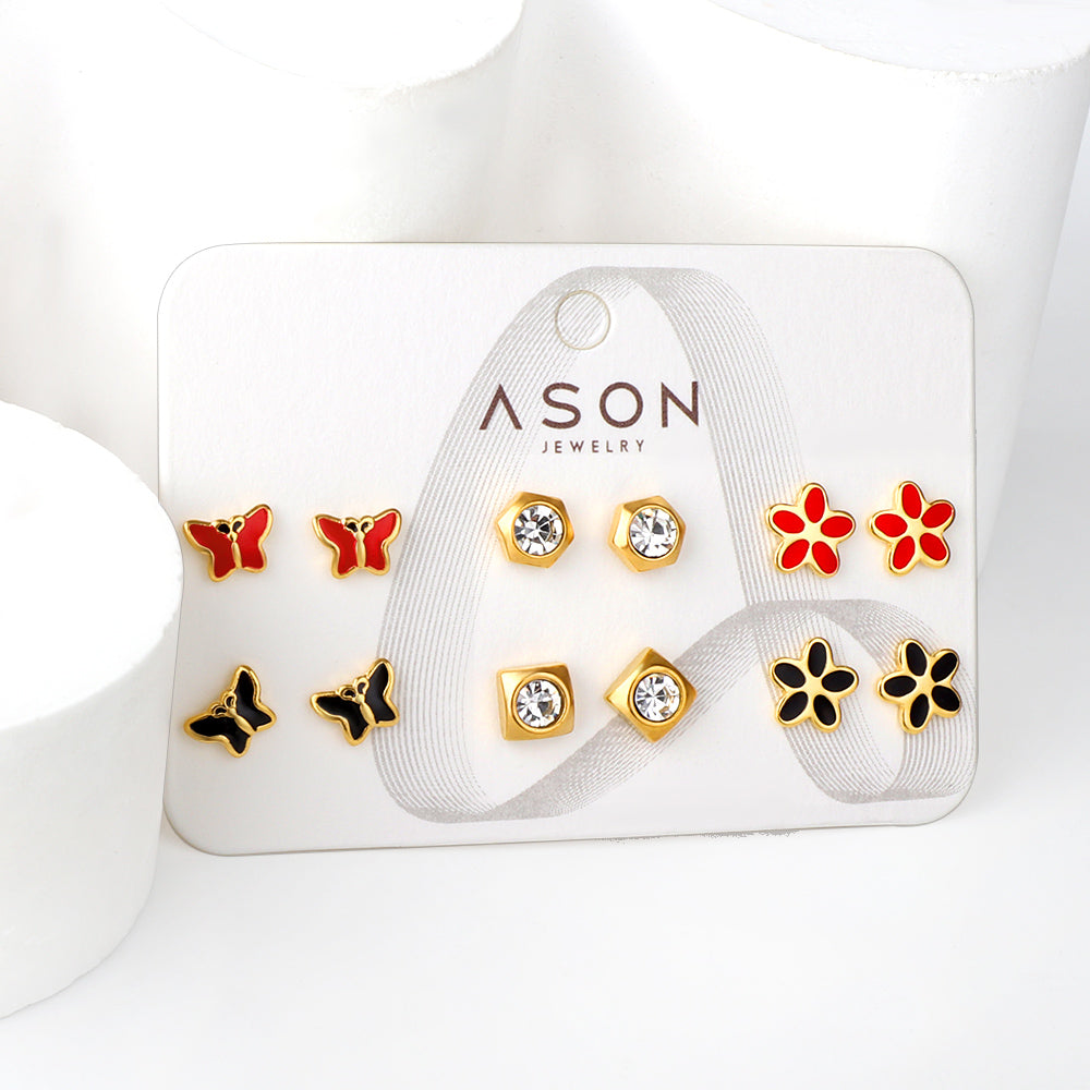 Six pairs mixed mounted snap cut butterfly / flower / diamond square stud earrings gold color asonjewelry