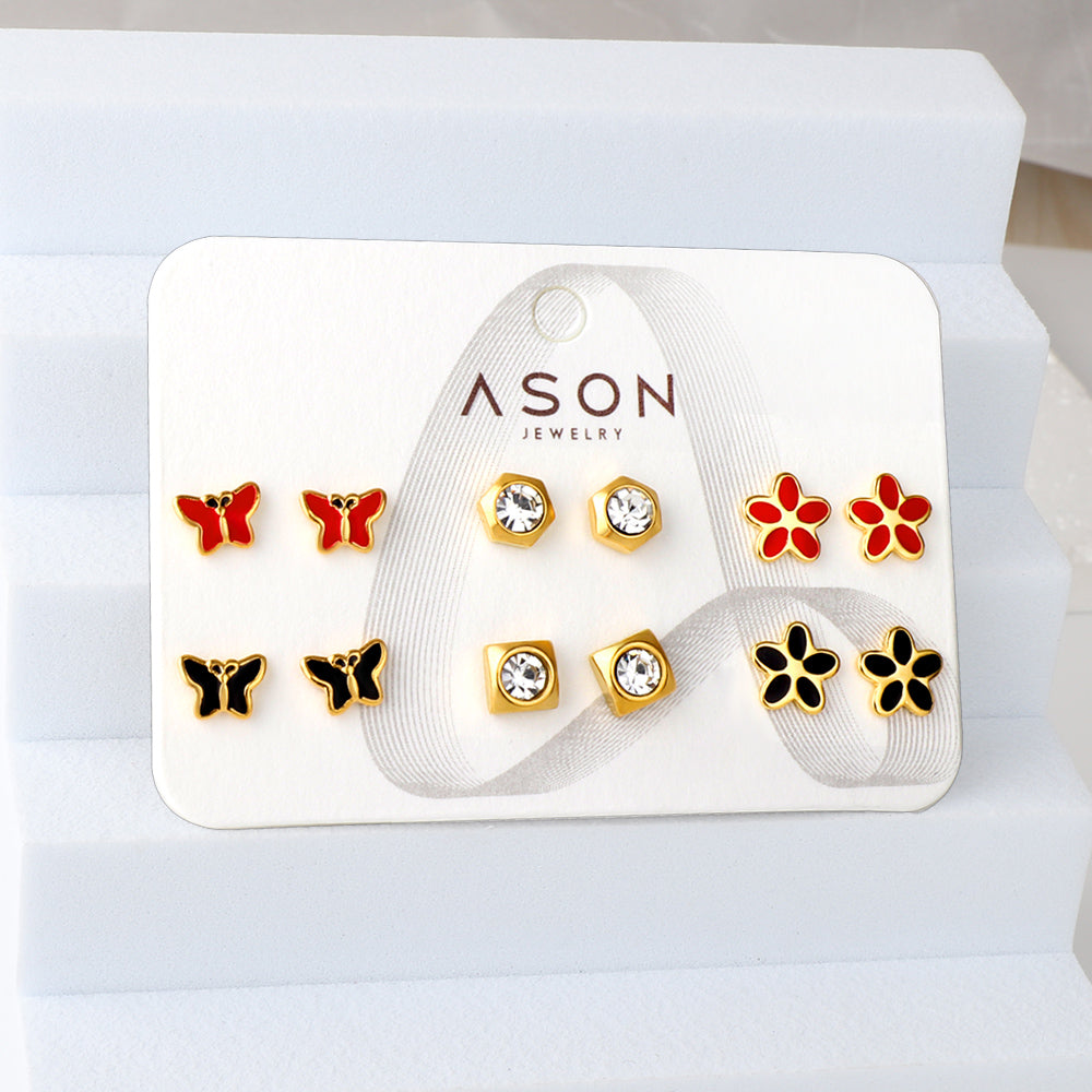 Six pairs mixed mounted snap cut butterfly / flower / diamond square stud earrings gold color asonjewelry
