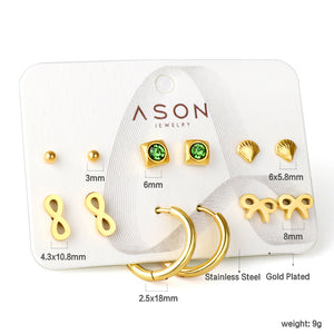 Six pairs of mixed card mounted cut-out shell / diamond pentagram stud earrings gold color