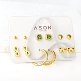Six pairs of mixed card mounted cut-out shell / diamond pentagram stud earrings gold color