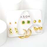 Six pairs of mixed card mounted cut-out shell / diamond pentagram stud earrings gold color