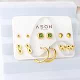 Six pairs of mixed card mounted cut-out shell / diamond pentagram stud earrings gold color