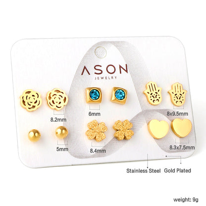 Six pairs of mixed card mounted cut-out palm / glossy heart stud earrings gold color asonjewelry