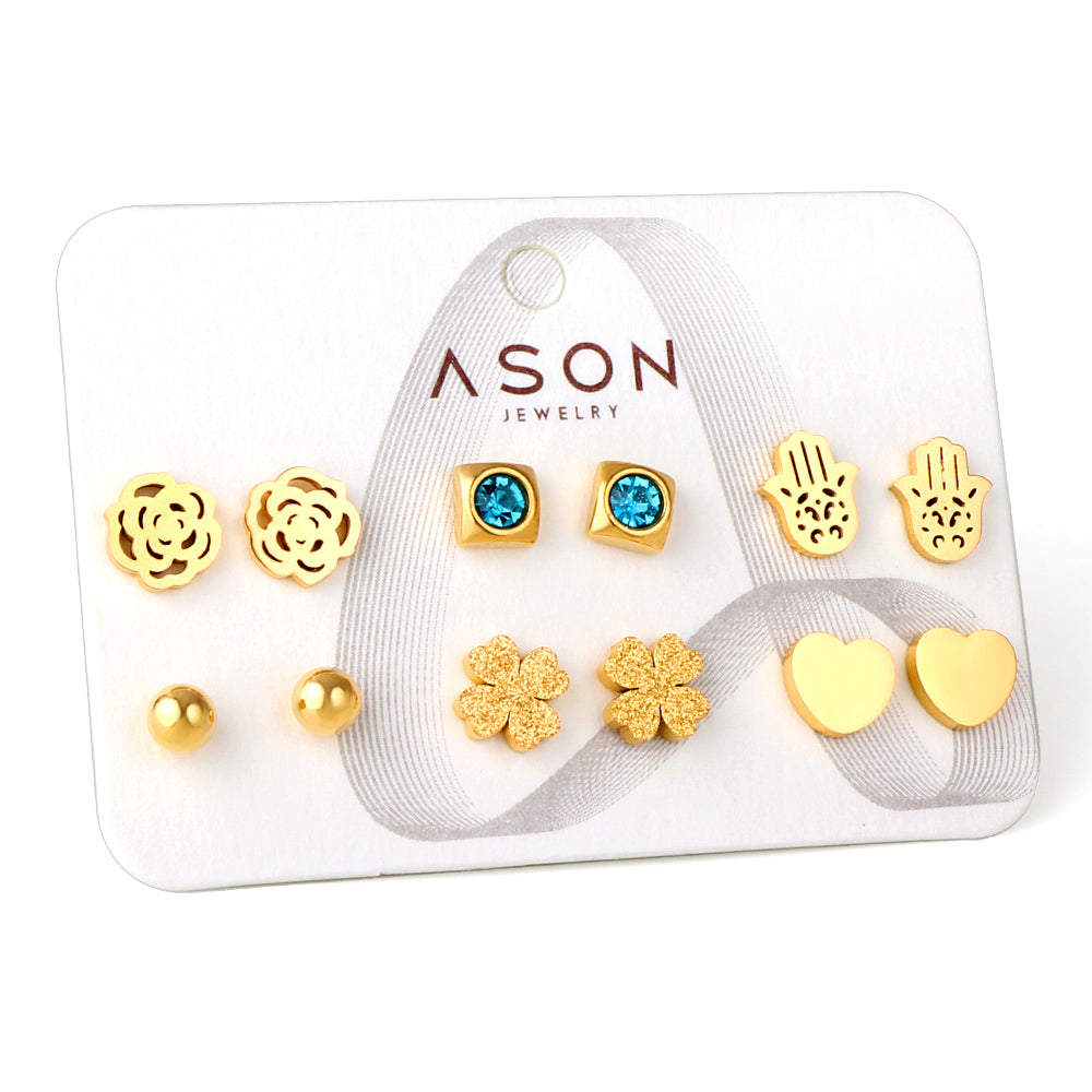 Six pairs of mixed card mounted cut-out palm / glossy heart stud earrings gold color asonjewelry