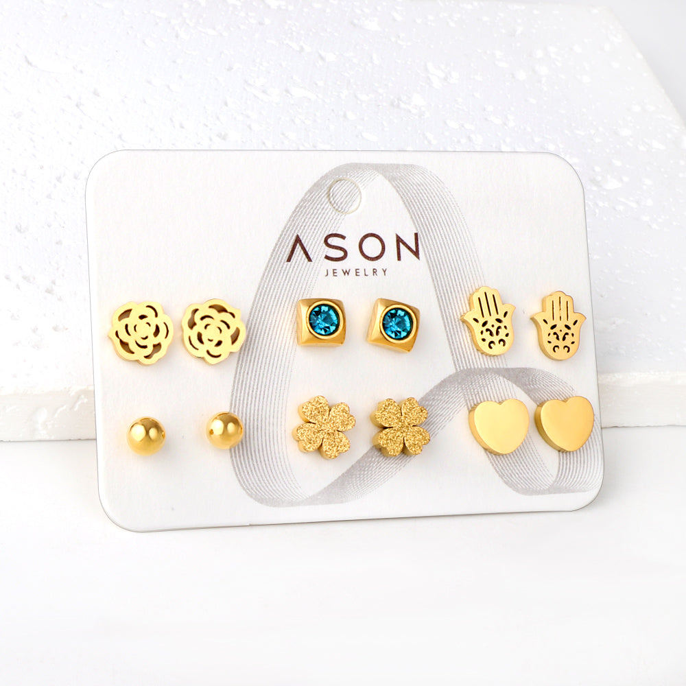 Six pairs of mixed card mounted cut-out palm / glossy heart stud earrings gold color asonjewelry