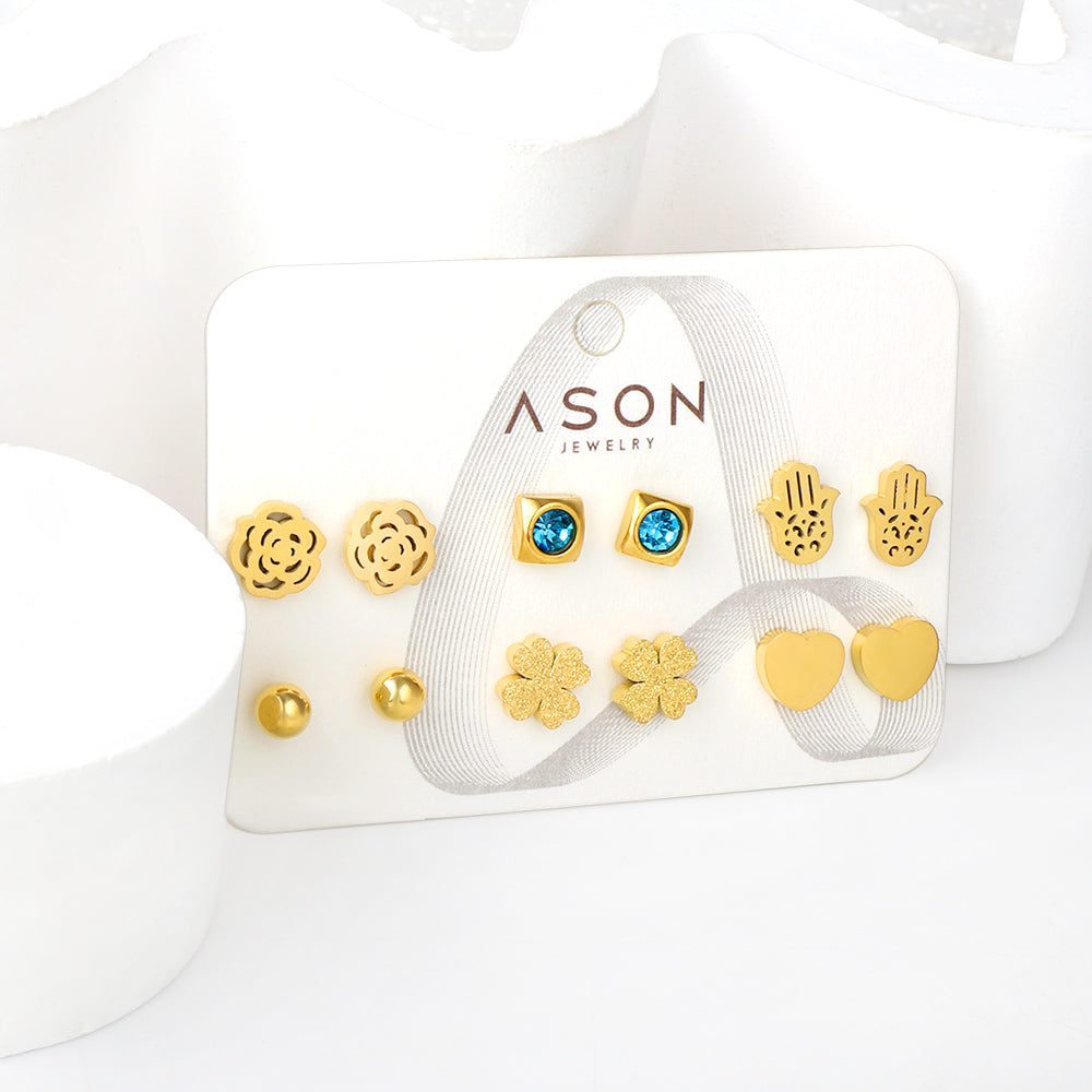 Six pairs of mixed card mounted cut-out palm / glossy heart stud earrings gold color asonjewelry