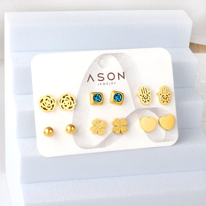 Six pairs of mixed card mounted cut-out palm / glossy heart stud earrings gold color asonjewelry