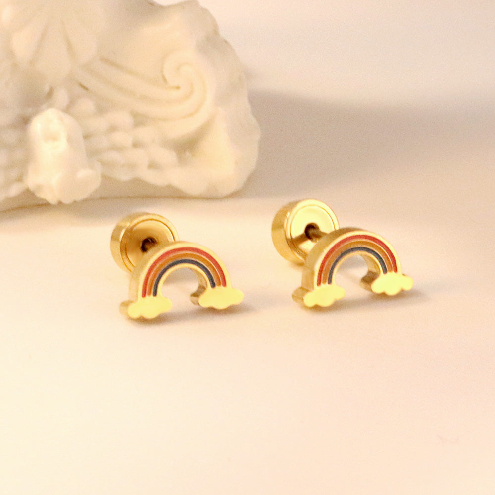 12 pairs Pop earplug rainbow stud earrings steel color/golden color asonjewelry