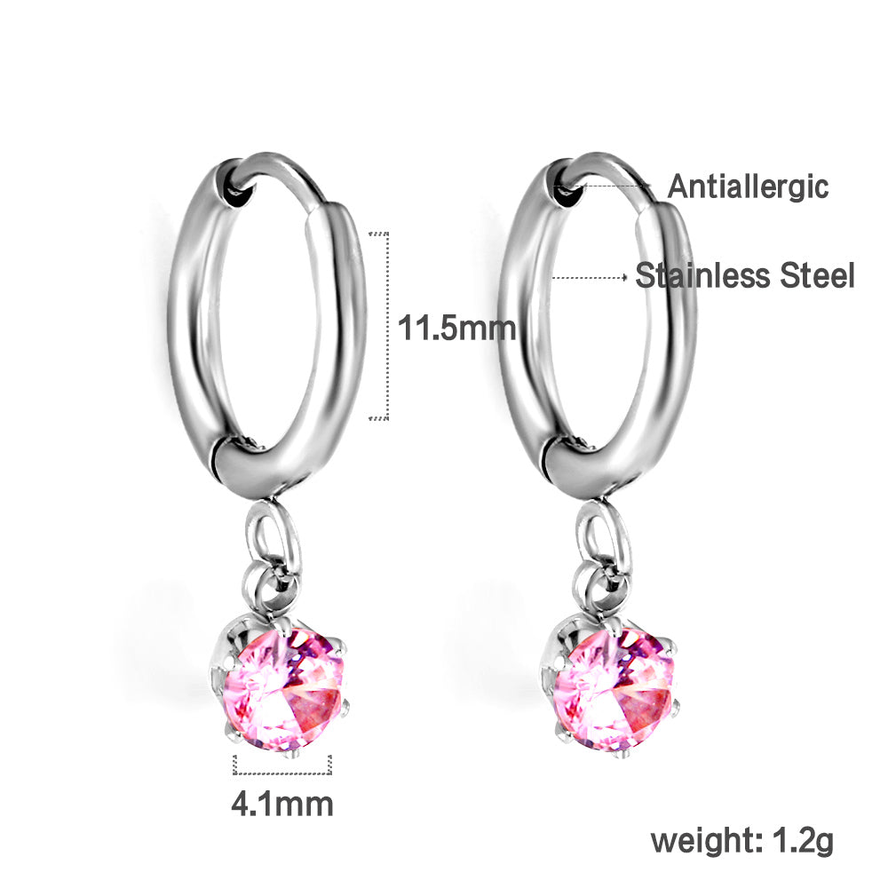 1.5x8mm I.D. earrings+4.5mm white/purple/red/pink/green zirconium round shaped fittings steel color asonjewelry