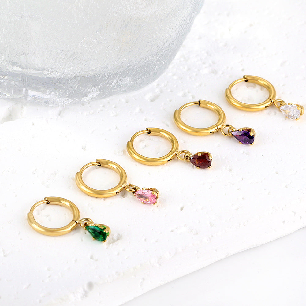 1.5x8mm I.D. earrings + 3.6*5mm white/purple/red/pink/green zirconium drop earrings gold/steel color asonjewelry