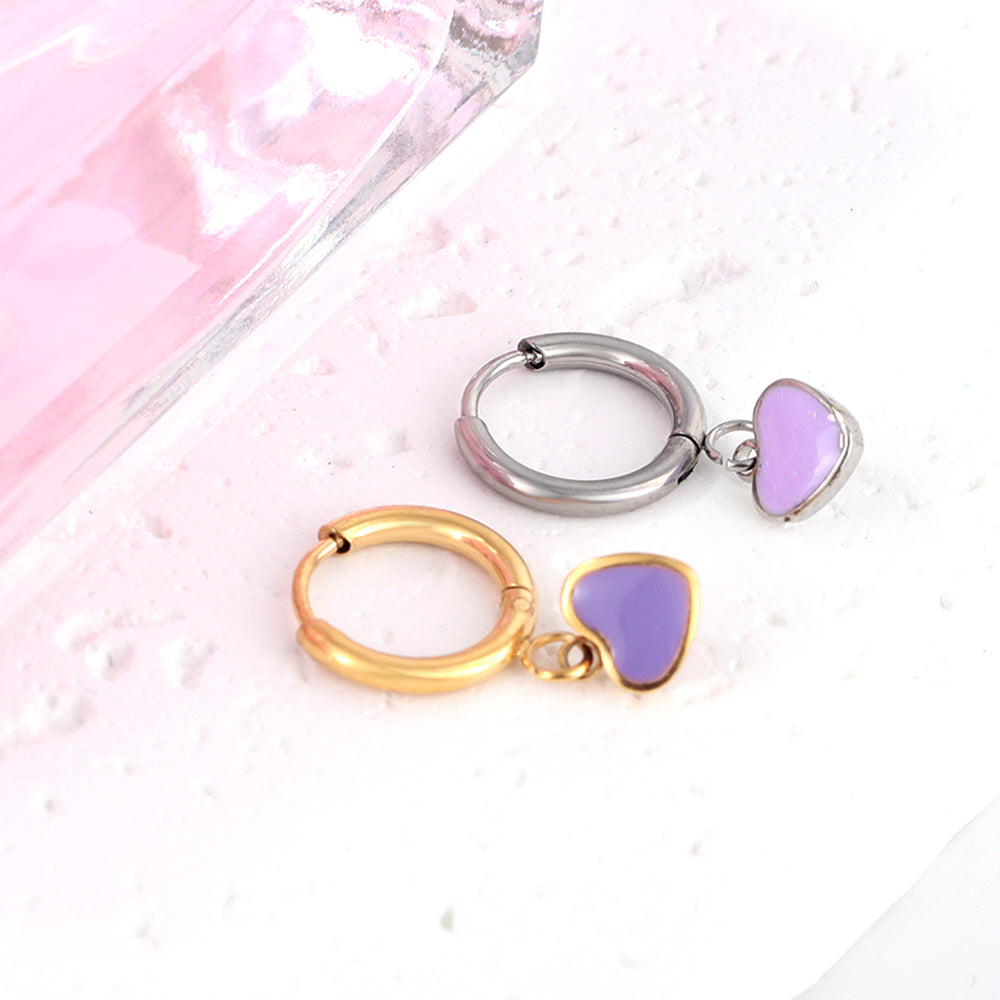 1.5x8mm I.D. earrings + 6.3*5.5mm black/purple/red/pink/blue oil drip heart-shaped accessories earrings steel color/golden color asonjewelry
