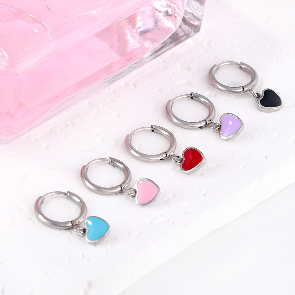 1.5x8mm I.D. earrings + 6.3*5.5mm black/purple/red/pink/blue oil drip heart-shaped accessories earrings steel color/golden color asonjewelry