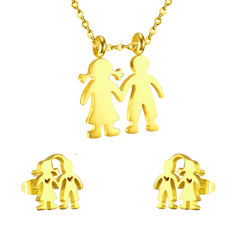 Gold cut boy and girl holding hands jewelry set without diamonds