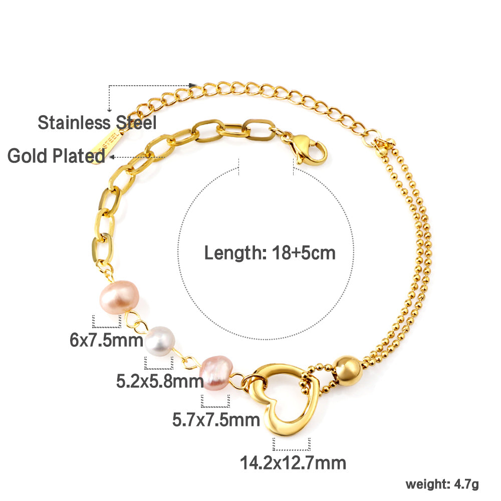 3 Mixed Colours Shaped Pearls + Heart Cutout + Steel Beads Accessories Bracelet 18+5cm asonjewelry