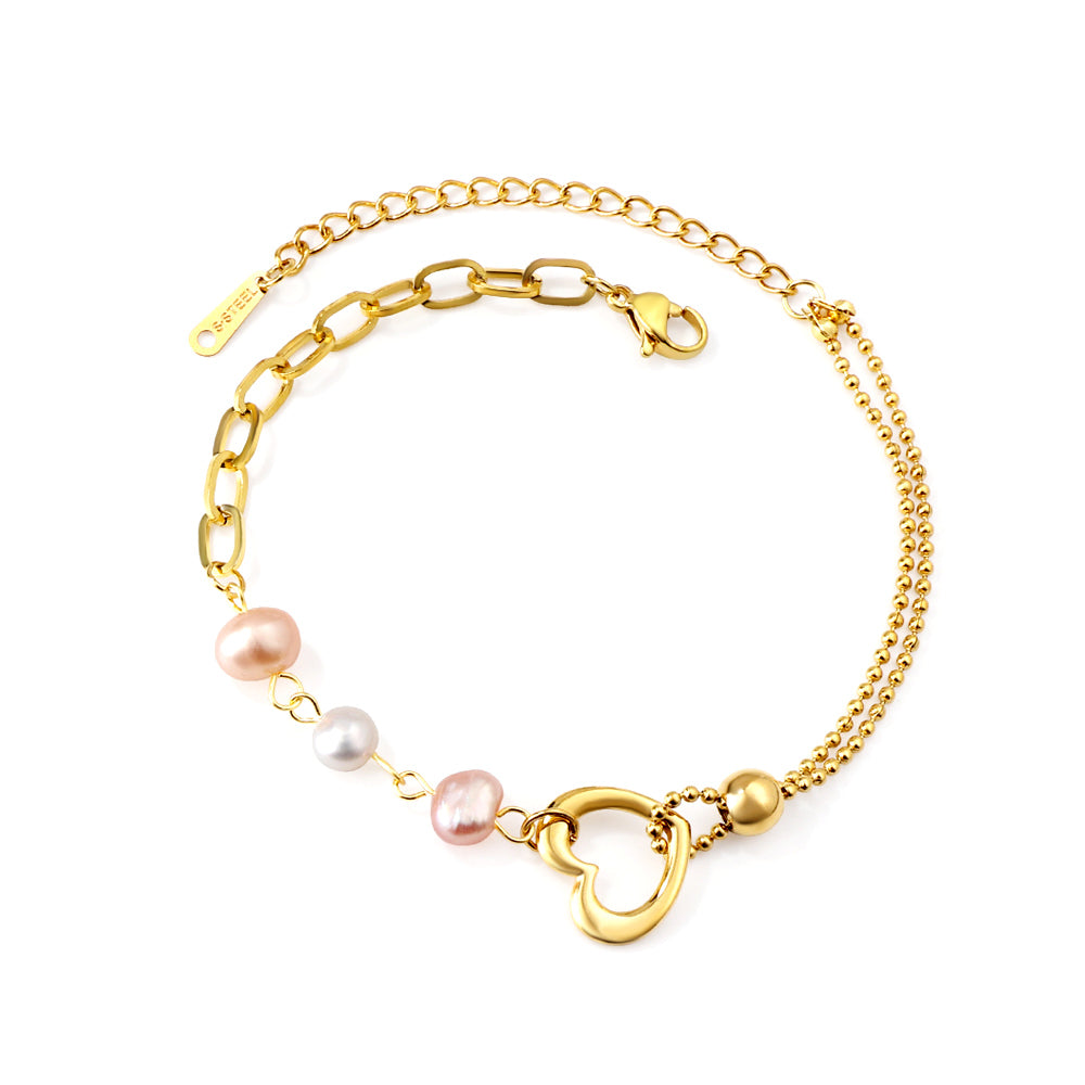 3 Mixed Colours Shaped Pearls + Heart Cutout + Steel Beads Accessories Bracelet 18+5cm asonjewelry