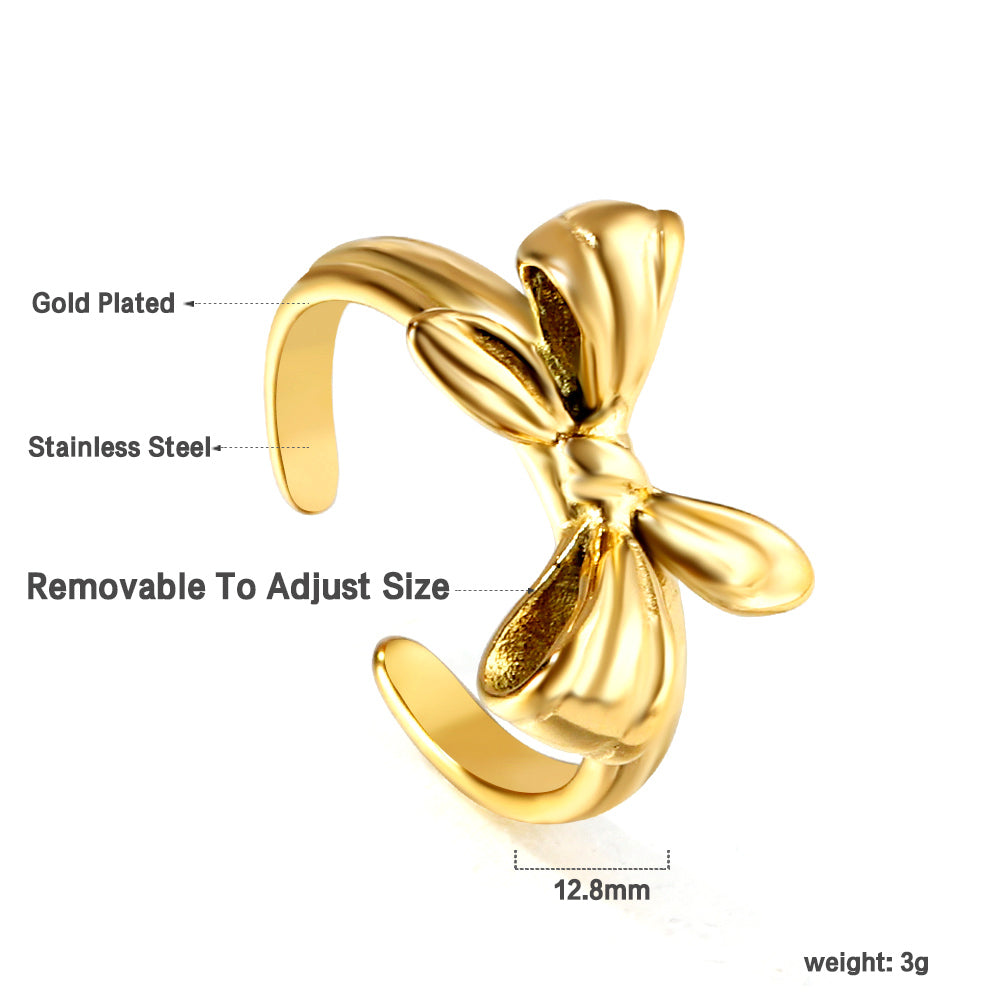 Light luxury aesthetic stainless steel casting jewelry 18k gold three-dimensional bow ring manufacturers asonjewelry