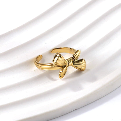 Light luxury aesthetic stainless steel casting jewelry 18k gold three-dimensional bow ring manufacturers asonjewelry
