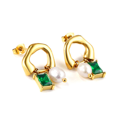 Shaped half circle with rectangular green diamonds + white pearl earrings asonjewelry