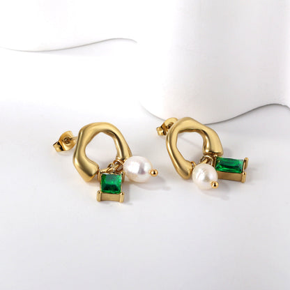 Shaped half circle with rectangular green diamonds + white pearl earrings asonjewelry