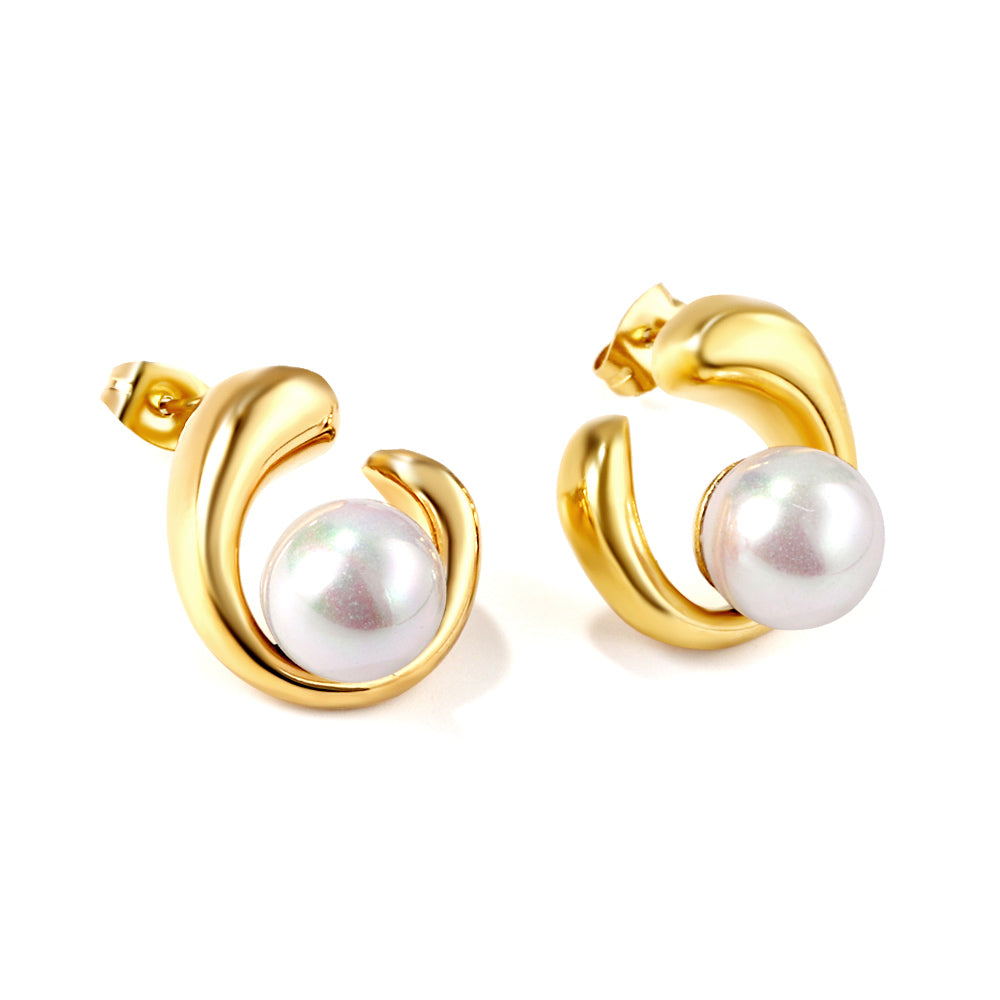 Shaped half circle with white pearl earrings 18k gold asonjewelry