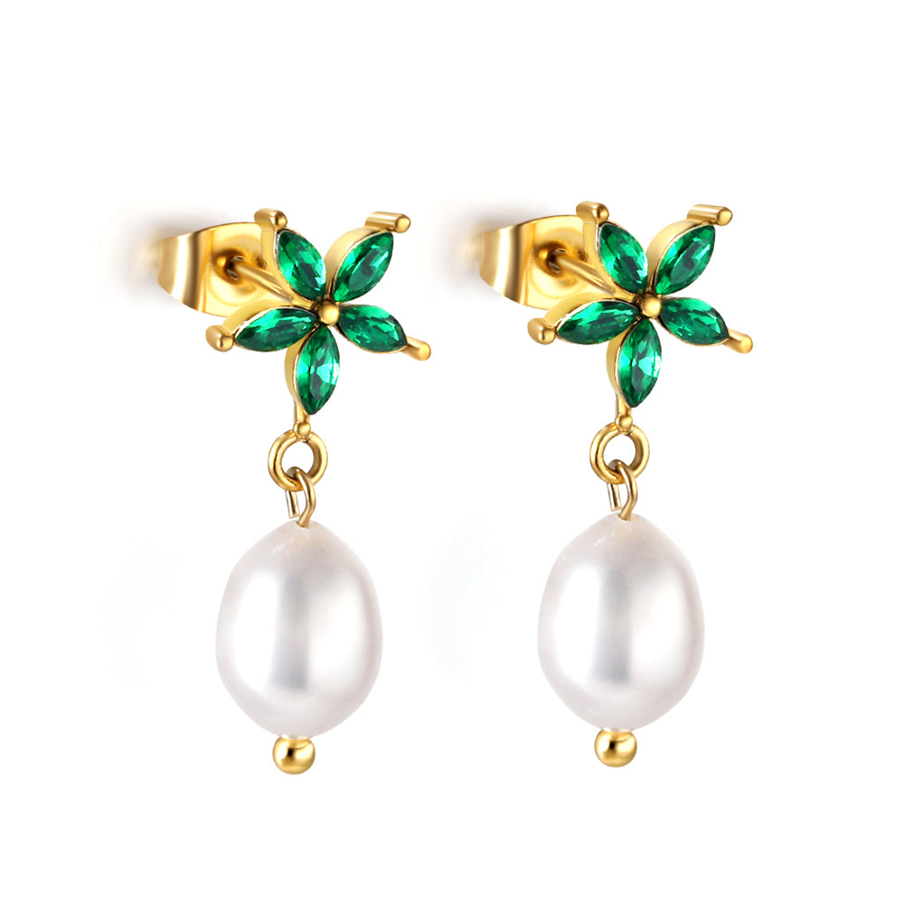 Five-petal flower green diamond + white pearl earrings 18 gold asonjewelry