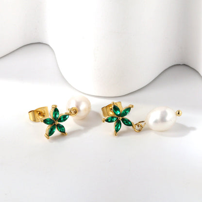 Five-petal flower green diamond + white pearl earrings 18 gold asonjewelry