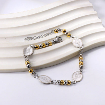4 Oval with Portrait + 5 Gradient Gold Beads Charm Bracelet 18+3cm asonjewelry