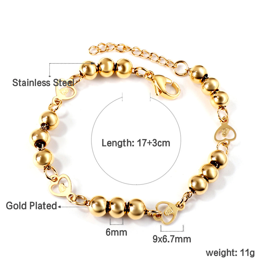 4 Heart Loop with Portrait + 3 Steel Beads Charm Bracelet 17+3cm asonjewelry