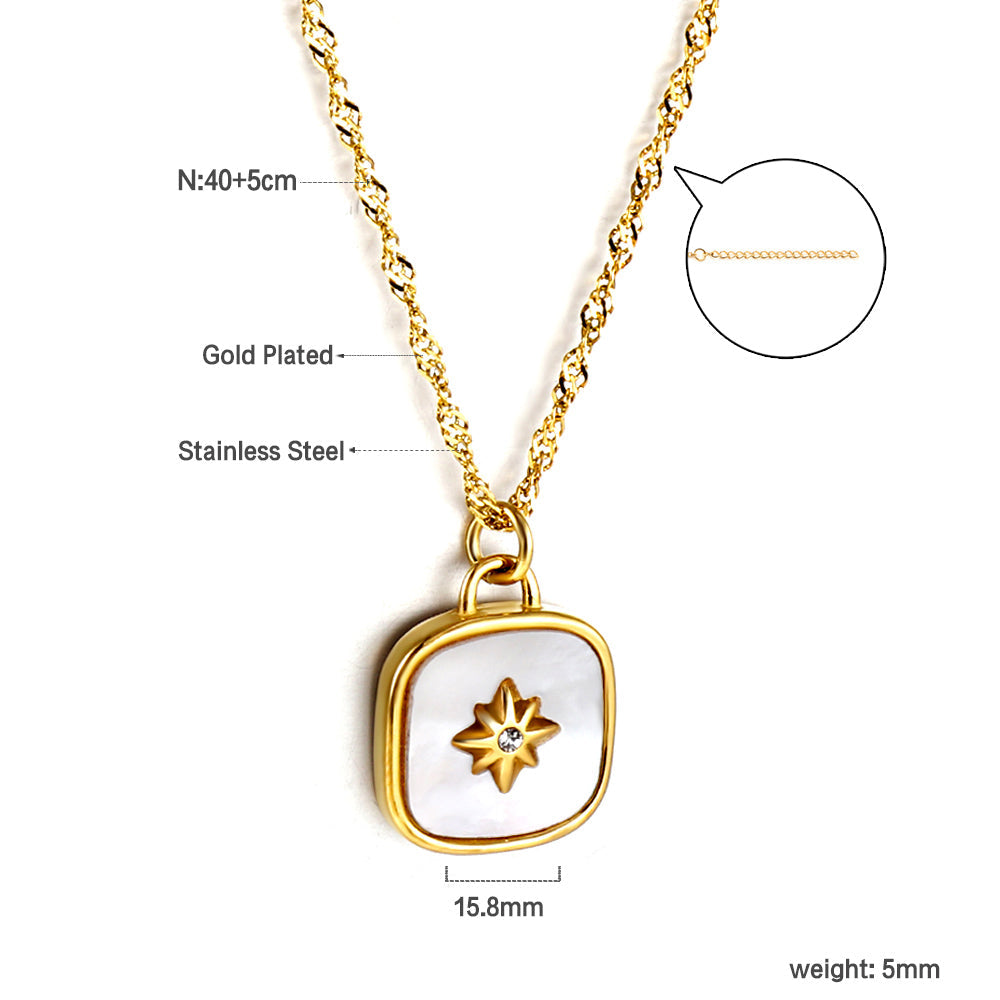 Square with white shell with lucky star with diamond pendant necklace 40+5cm asonjewelry
