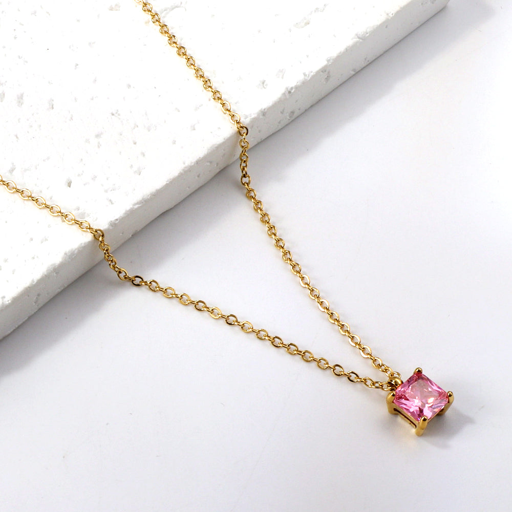 White & Pink & Olive Green Square Diamond Pendant Necklace 42+5cm asonjewelry
