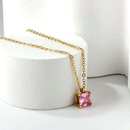 White & Pink & Olive Green Square Diamond Pendant Necklace 42+5cm asonjewelry