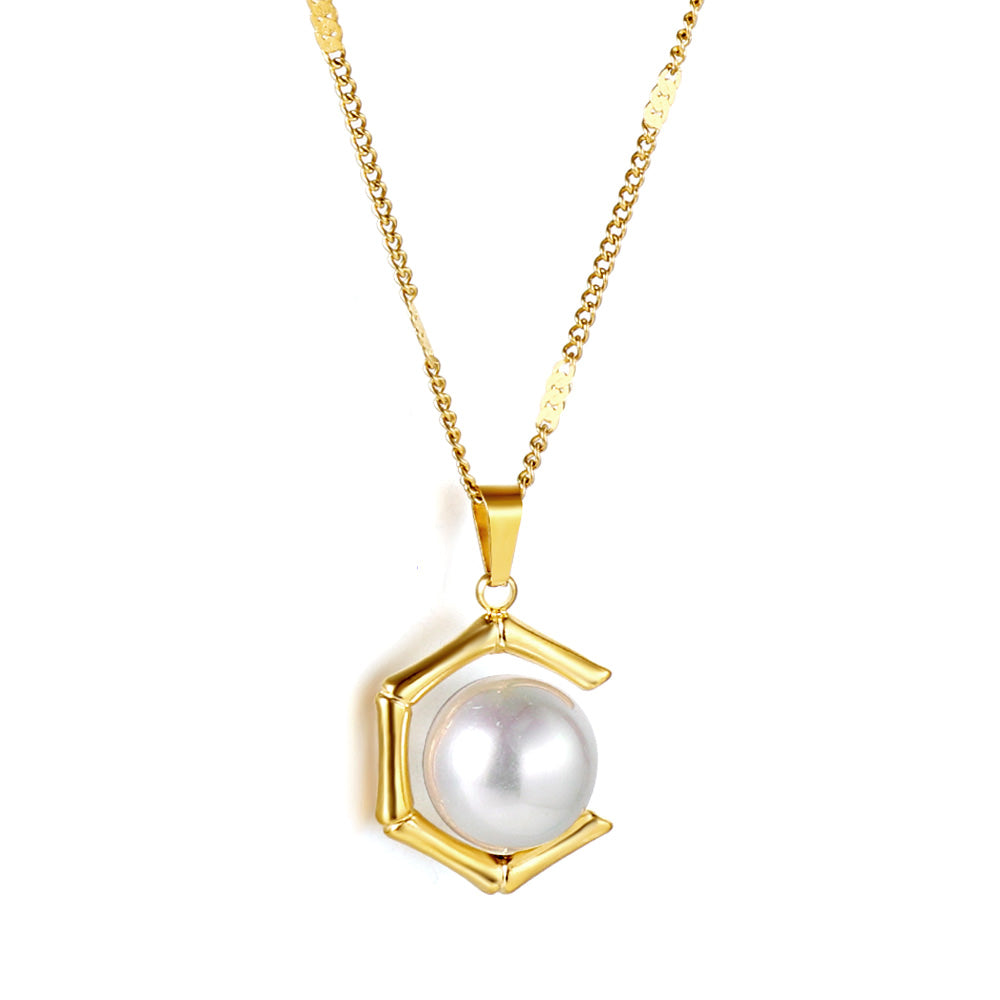 Pentagonal + white pearl pendant necklace 40+5cm asonjewelry