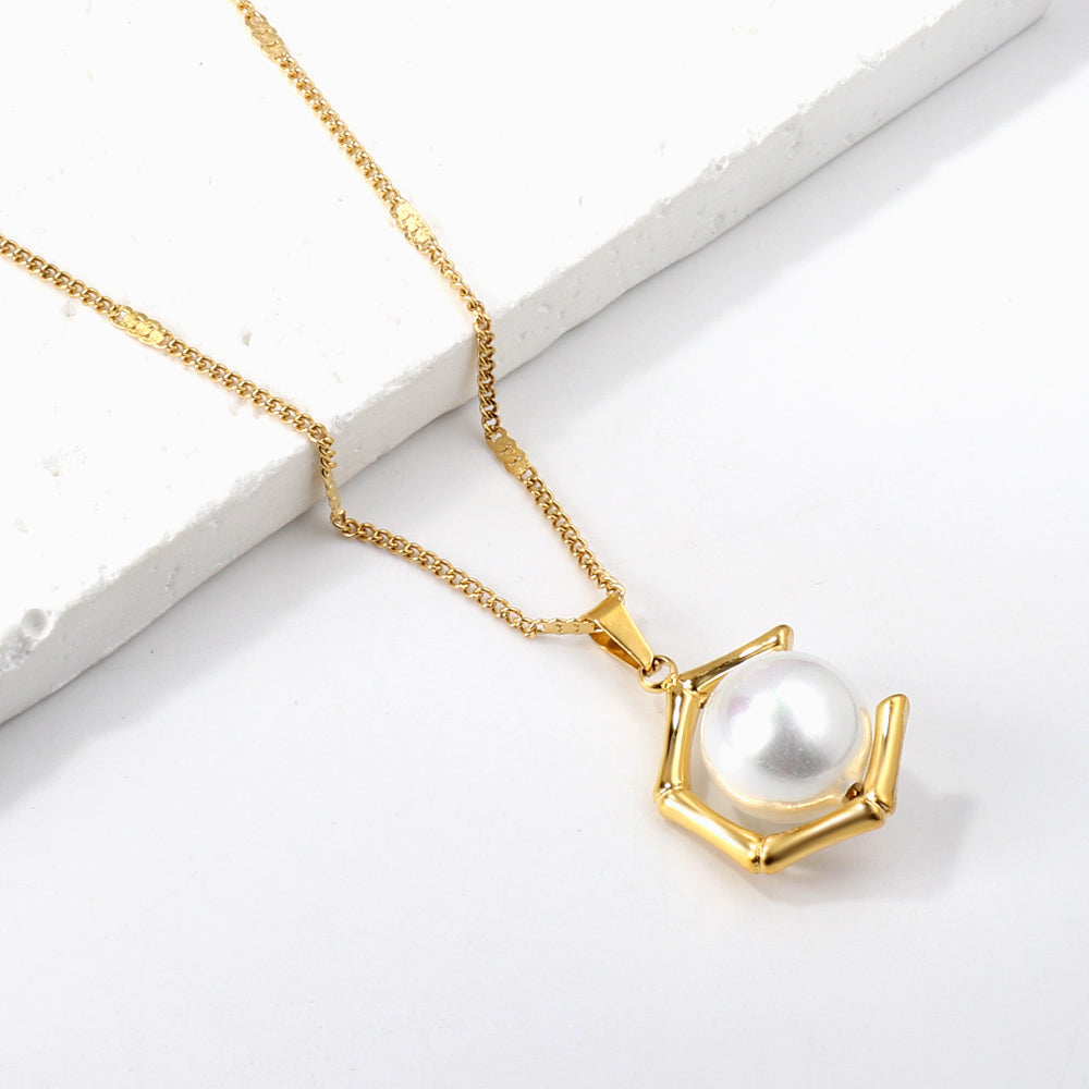 Pentagonal + white pearl pendant necklace 40+5cm asonjewelry