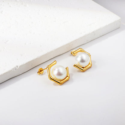 Pentagonal + White Pearl Earrings 18k Gold asonjewelry
