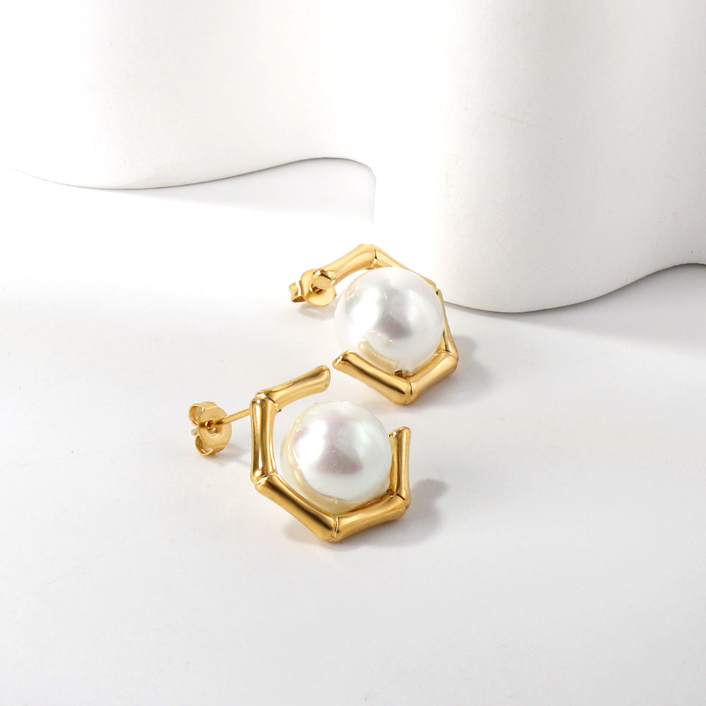 Pentagonal + White Pearl Earrings 18k Gold asonjewelry