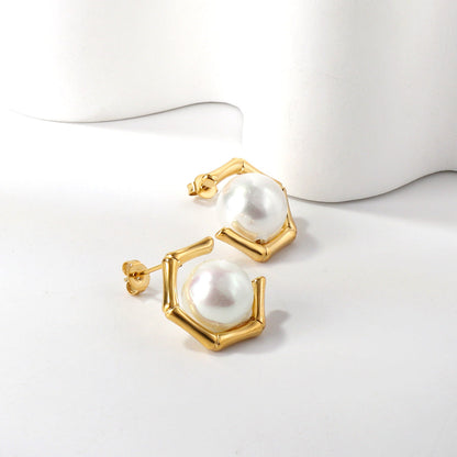 Pentagonal + White Pearl Earrings 18k Gold asonjewelry