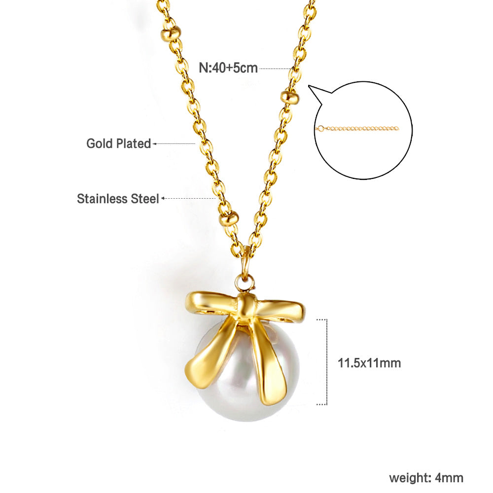 Bow + white pearl pendant necklace 40+5cm asonjewelry